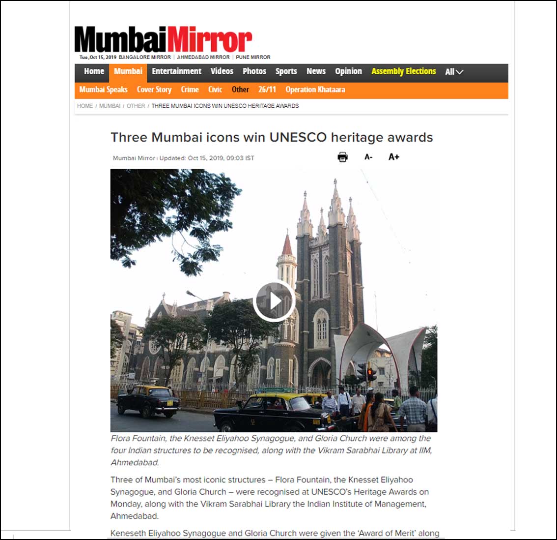 Three Mumbai Icons win UNESCO Heritage awards, Mumbai Mirror - October 2019